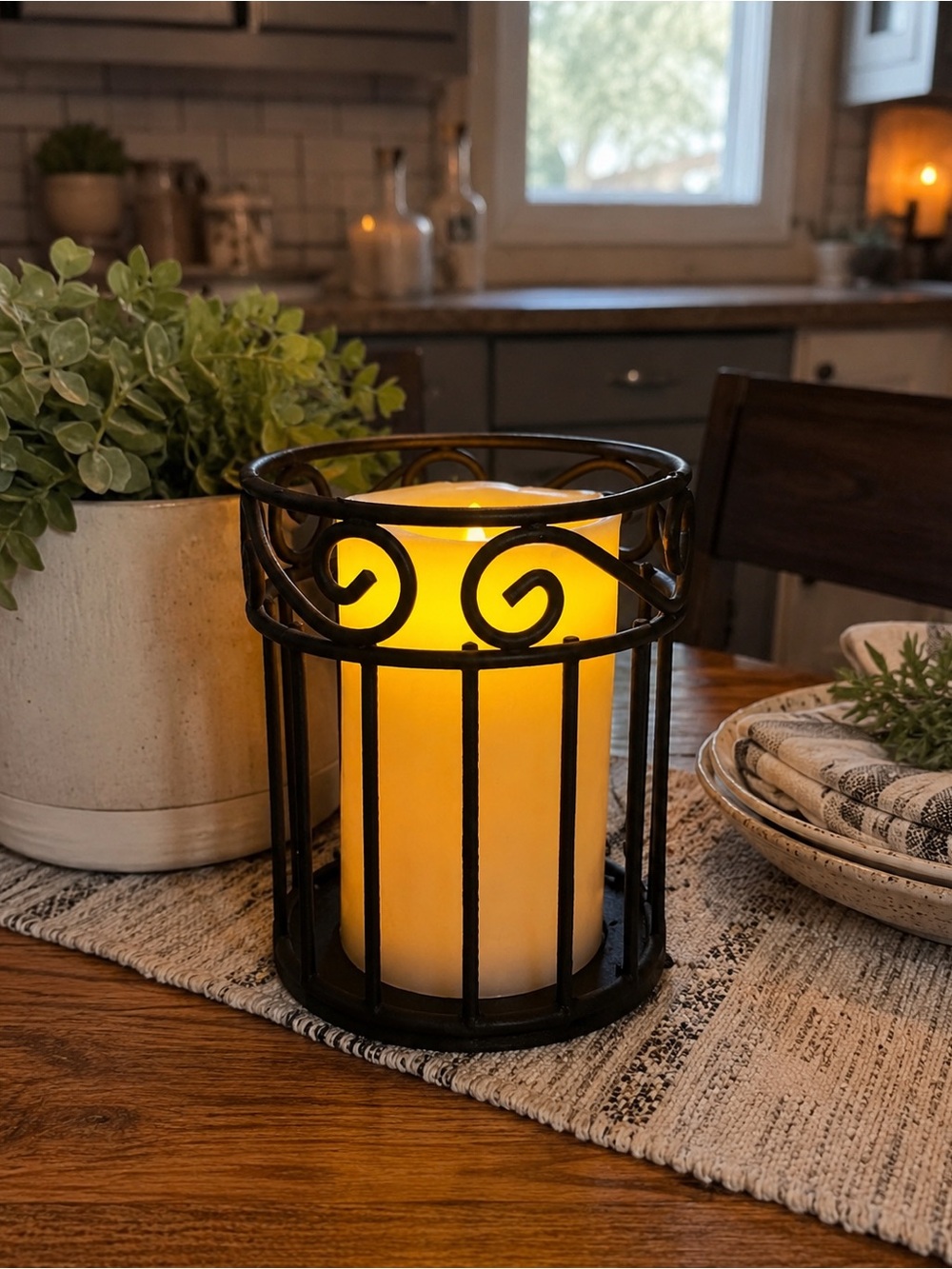 Black Metal Scroll Candle Lantern with Warm White LED Candle